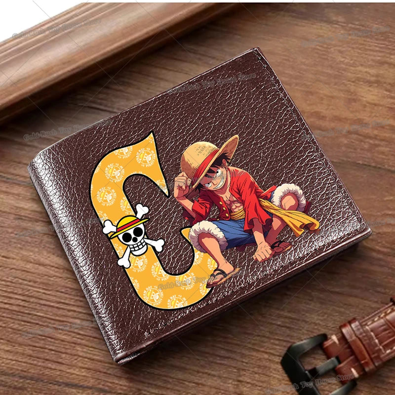 Anime Luffy Men Pu Wallet One Piece Letter A-Z Foldable Short Wallet Man Portable Credit ID Card Holder Male Pocket Coin Purse