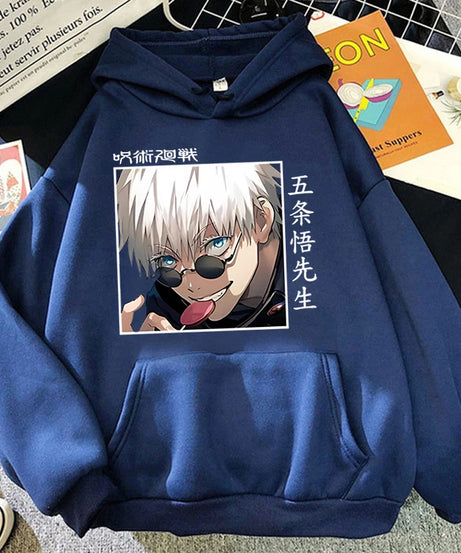 Autumn Winter Casual Anime Gojo Satoru Print Hoodies Solid Color Long Sleeve Hooded Pullovers Sweatshirts Plus Size