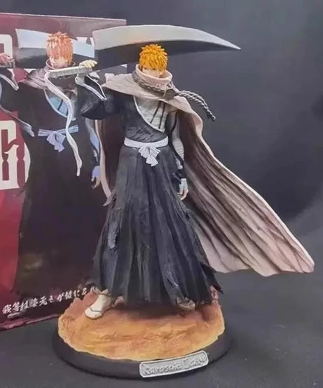 Bleach 33cm Kurosaki Ichigo Action Figures GK Kit Carrying Sword Model Wearing Cloak Sculpture Anime Toy Desktop Ornament Gift