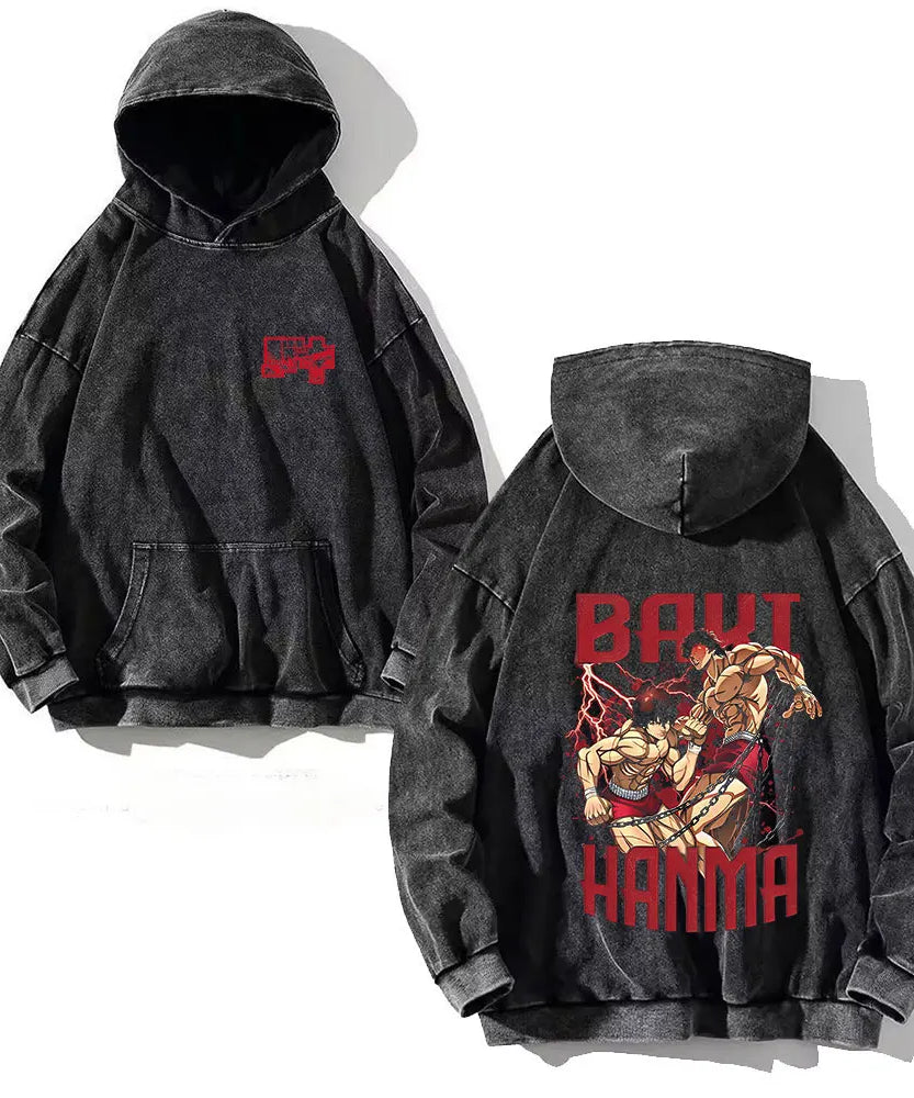 Anime Baki Hanma Print Cotton Washed Hoodies Men Hip Hop Graphic Vintage Hooded Sweatshirts Aesthetic Streetwear Pullover