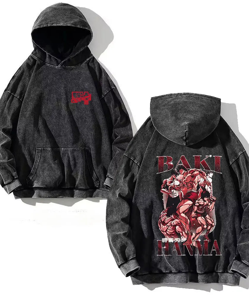 Anime Baki Hanma Print Cotton Washed Hoodies Men Hip Hop Graphic Vintage Hooded Sweatshirts Aesthetic Streetwear Pullover