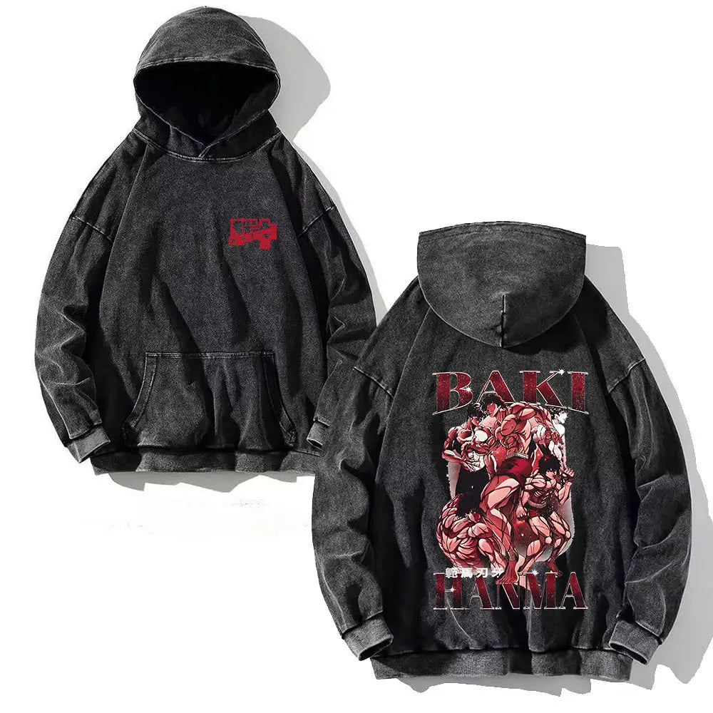Anime Baki Hanma Print Cotton Washed Hoodies Men Hip Hop Graphic Vintage Hooded Sweatshirts Aesthetic Streetwear Pullover