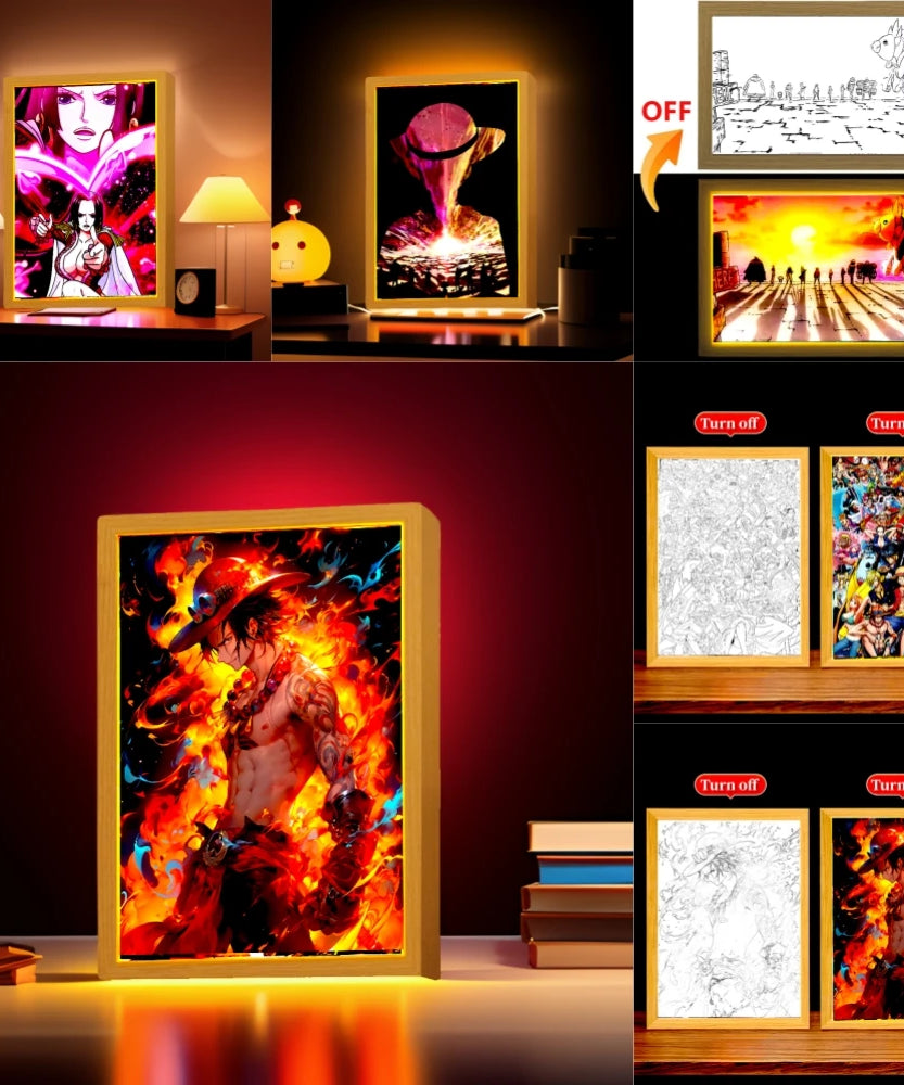 Anime Figure One Piece Light Painting Photo Frame Zoro Luffy Action Figures Led Night Light Room Decor Christmas Gifts Moon Lamp