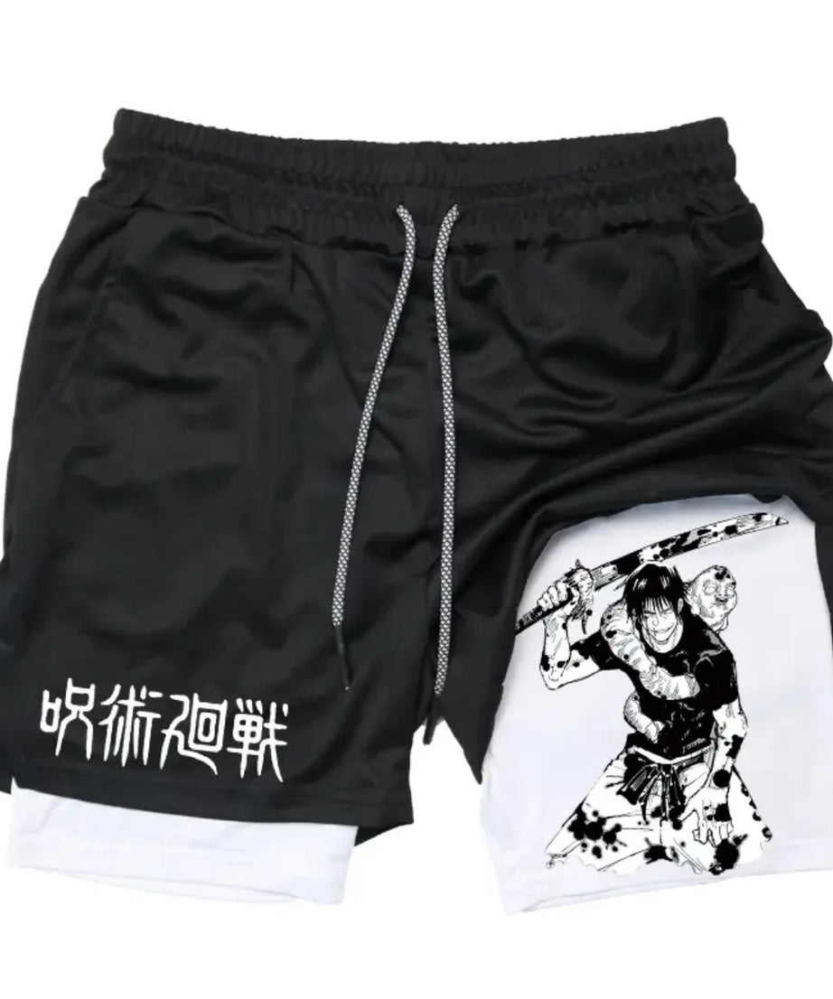 Anime Jujutsu Kaisen Performance Yuji Print Sport Running 2 in 1 Gym Shorts Training Men's Summer Workout Sportwear Y2K Shorts