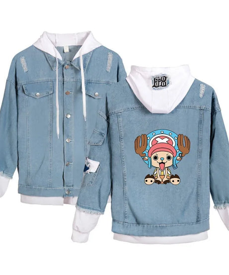 ONE PIECE Anime Chooper Denim Bomber Jacket Hooded Sweatshirt Unisex Ripped Hole Cosplay Hoodie Long-Sleeved Denim Jacket Gift