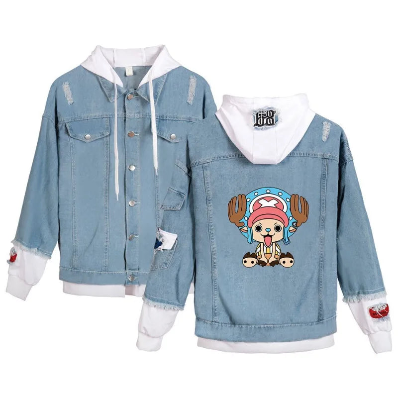 ONE PIECE Anime Chooper Denim Bomber Jacket Hooded Sweatshirt Unisex Ripped Hole Cosplay Hoodie Long-Sleeved Denim Jacket Gift