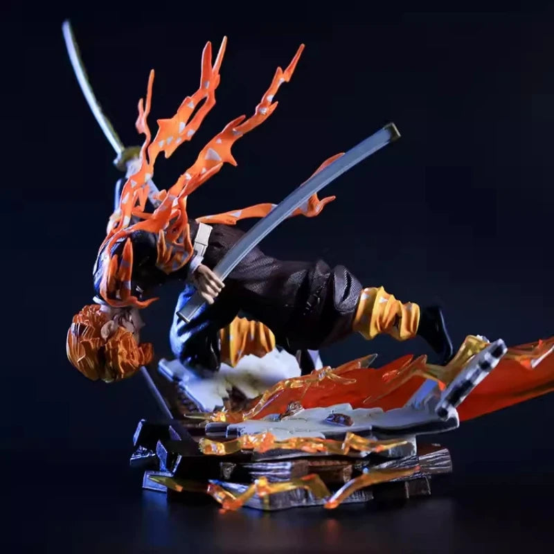 28cm Anime Demon Slayer Agatsuma Zenitsu Fire Thunder God Action Figure PVC Statue With Effect Base Collectible Model Toy Gift
