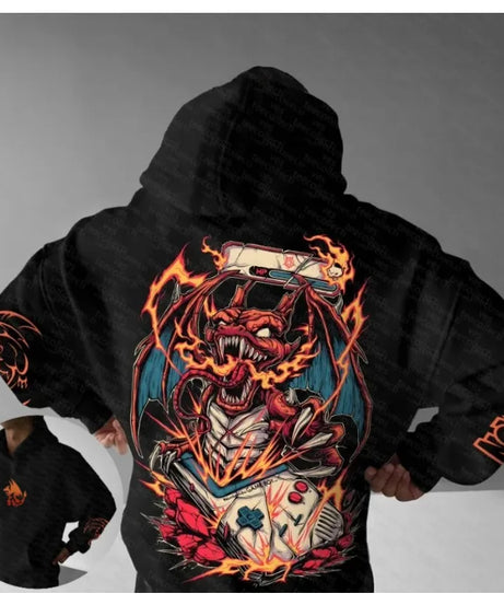 Pokemon Autumn and Winter Handheld Print Hoodie Men's Hand-painted Fashion Trend Loose Casual Jumper