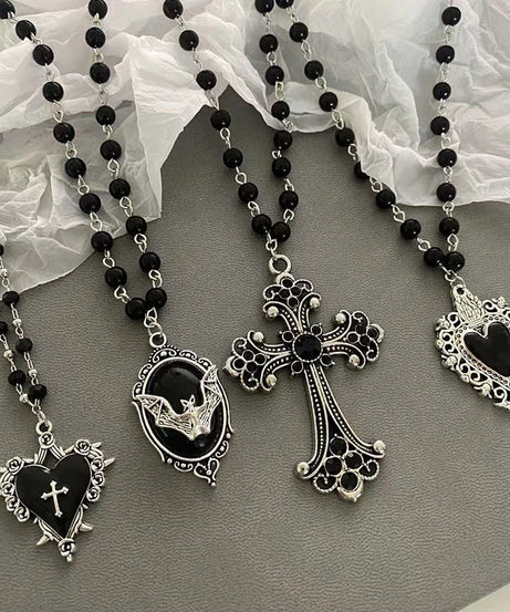 Gothic Bat Cross Dark Pendant Necklace Set Thorn Love Black Bead Stacked Necklace Halloween Gifts
