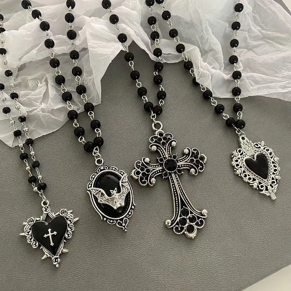 Gothic Bat & Cross Pendant Necklace Set