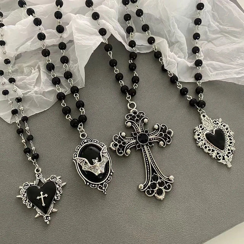 Gothic Bat Cross Dark Pendant Necklace Set Thorn Love Black Bead Stacked Necklace Halloween Gifts
