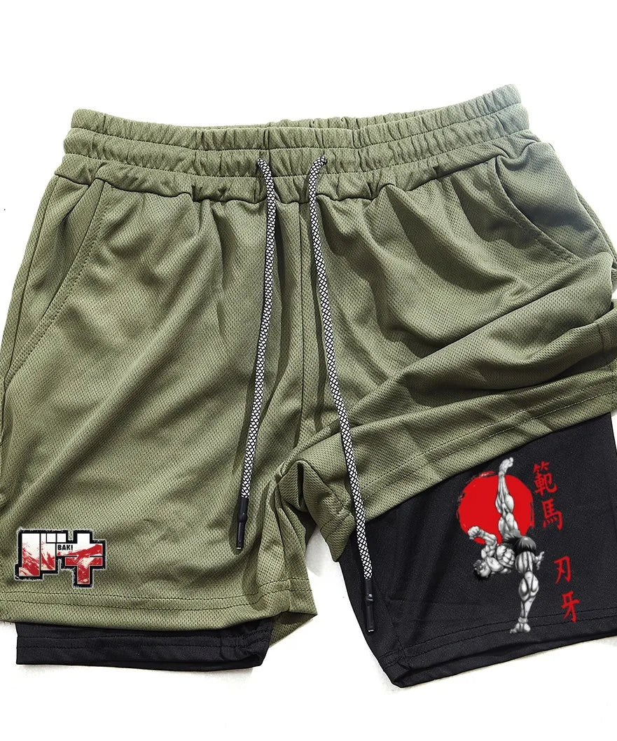 Men's and women's gym shorts, quick drying mesh shorts, animated printed Baki Hanma, sleeves, 2-in-1