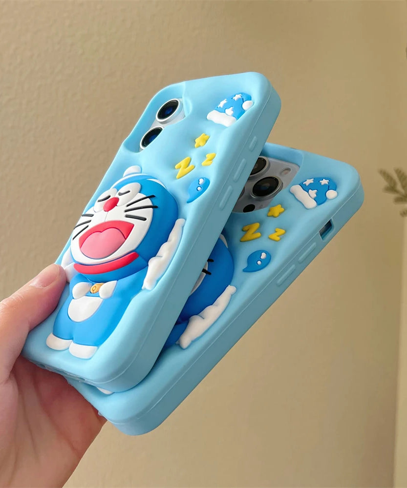 Cute Sleeping Doraemon Silicone Phone Case with Stand – iPhone 12–16 Pro Max