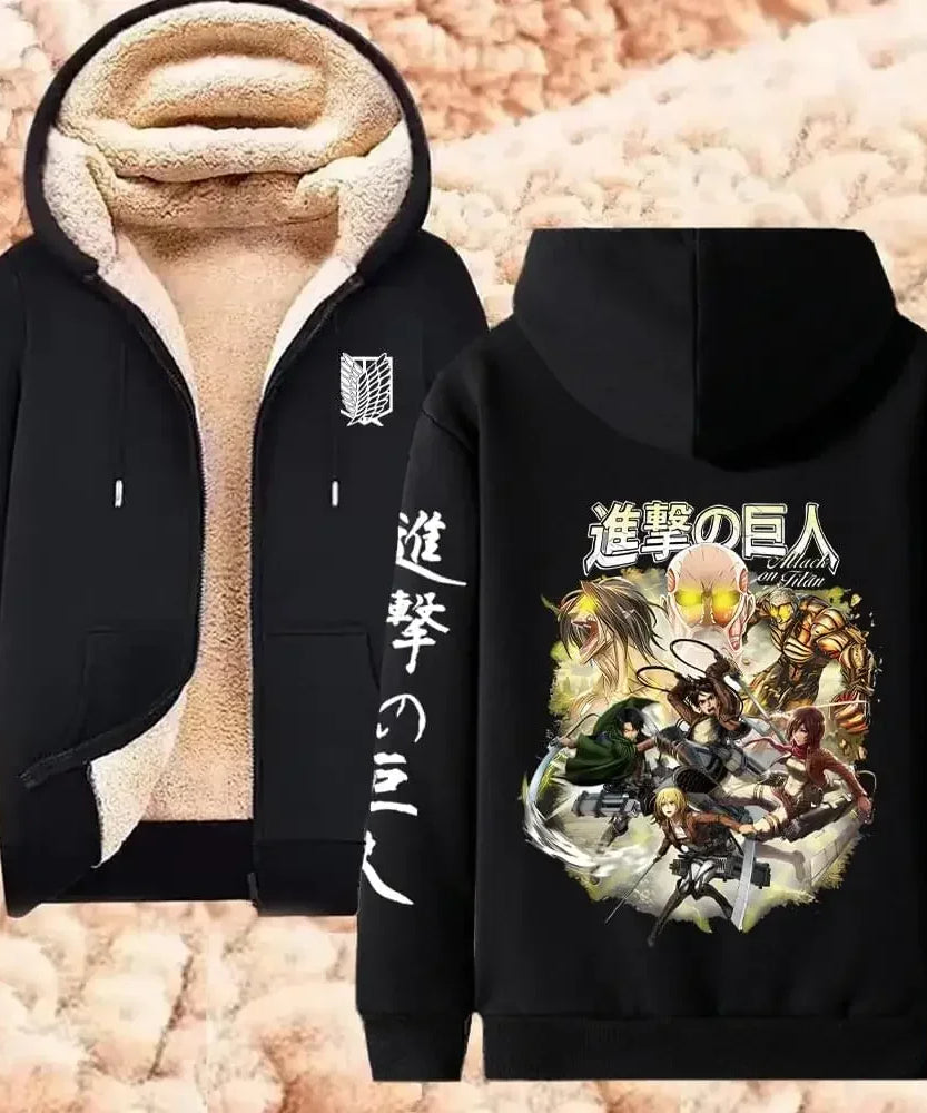 Attack on Titan Winter Warm Zipper Jacket Anime Print Hoodies Men Women Thicken Zip Up Sweatshirts Harajuku Hip Hop Streetwear