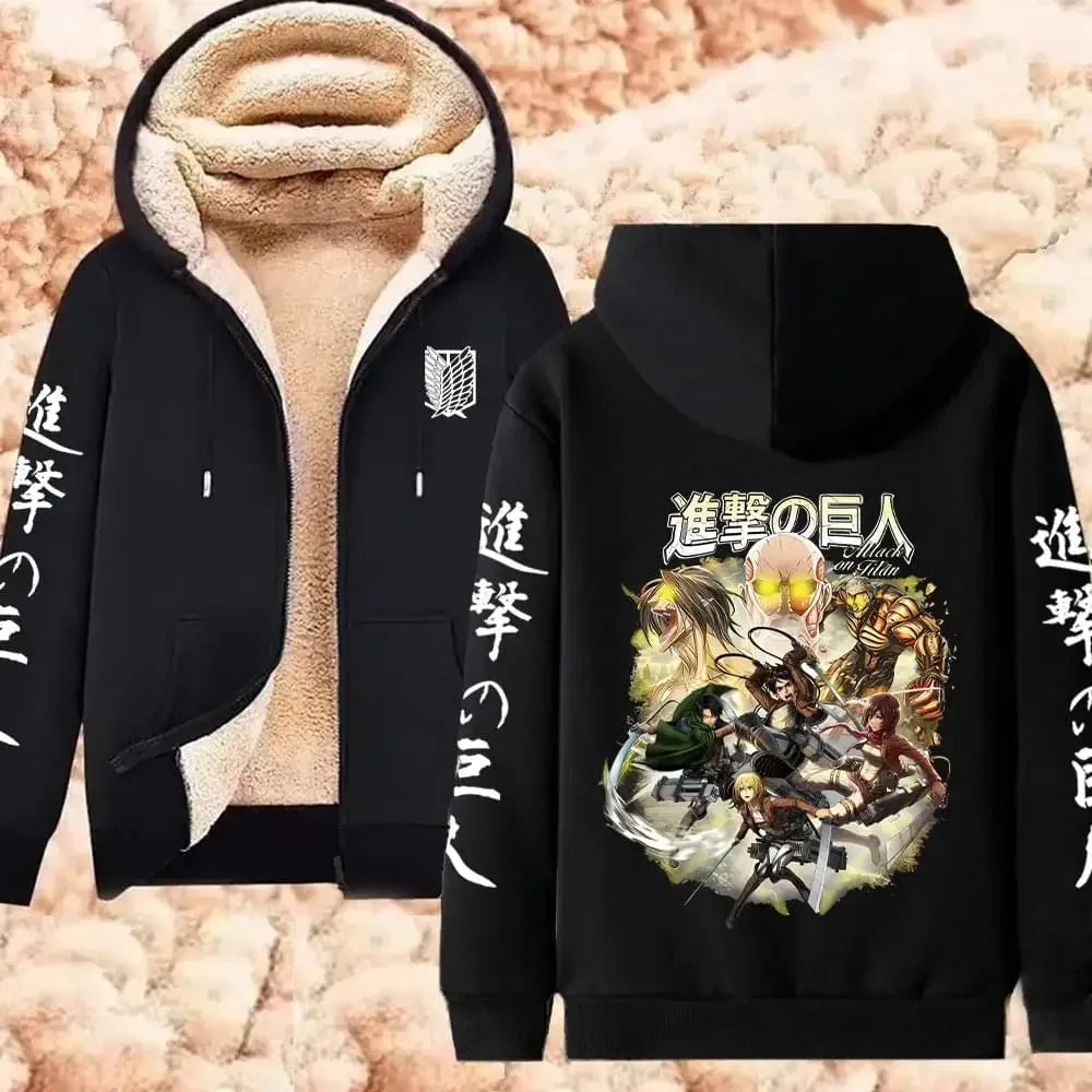 Attack on Titan Winter Warm Zipper Jacket Anime Print Hoodies Men Women Thicken Zip Up Sweatshirts Harajuku Hip Hop Streetwear