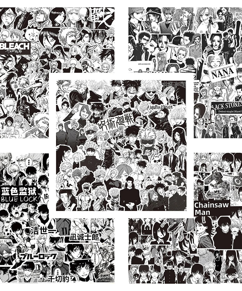65/70/75pcs Black White Anime Stickers Cool NANA Jujutsu Kaisen BLUE LOCK Decals Skateboard Laptop Phone Cartoon Kid Sticker Toy
