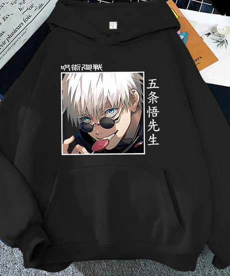 Autumn Winter Casual Anime Gojo Satoru Print Hoodies Solid Color Long Sleeve Hooded Pullovers Sweatshirts Plus Size