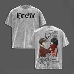 Attack on Titan Eren Jaeger & Mikasa Print Retro Washed T-Shirt – Harajuku Cotton Tee
