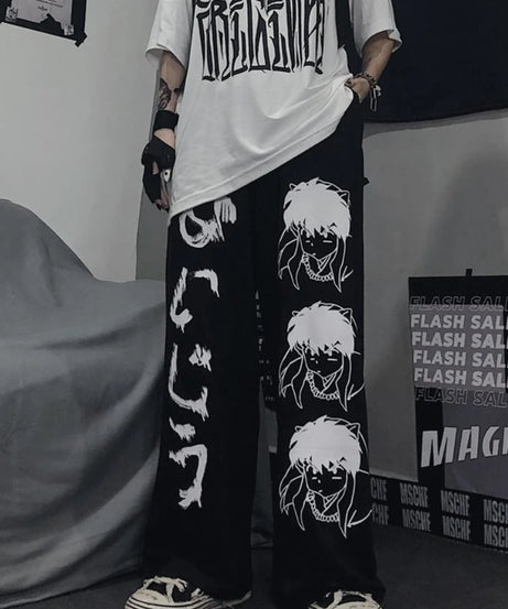 Harajuku Anime Print Wide Leg Pants Women Hippie Streetwear Black Sweatpants Korean Style Oversized Trousers