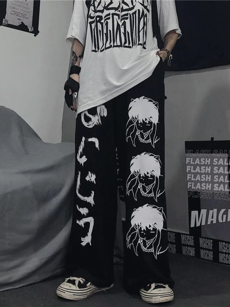 Harajuku Anime Print Wide Leg Pants Women Hippie Streetwear Black Sweatpants Korean Style Oversized Trousers