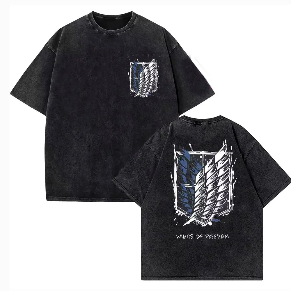 Attack on Titan Vintage Washed Print T-Shirt – Mikasa & Eren Wings of Freedom 4