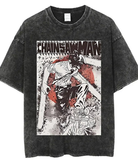 Chainsaw Man Vintage Washed T-Shirt – Retro Harajuku Anime Tee for Summer