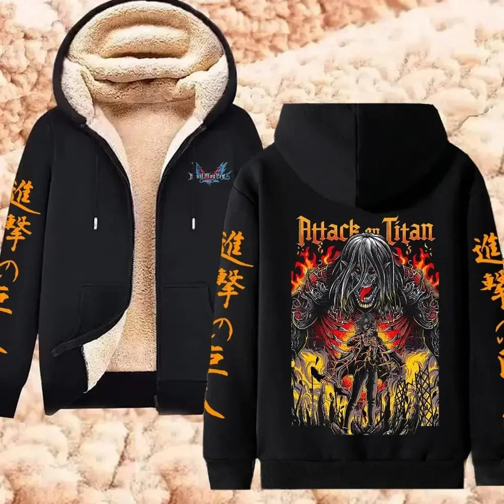 Attack on Titan Winter Warm Zipper Jacket Anime Print Hoodies Men Women Thicken Zip Up Sweatshirts Harajuku Hip Hop Streetwear