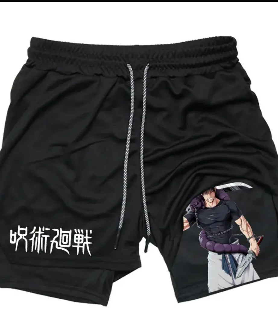 Anime Jujutsu Kaisen Performance Yuji Print Sport Running 2 in 1 Gym Shorts Training Men's Summer Workout Sportwear Y2K Shorts