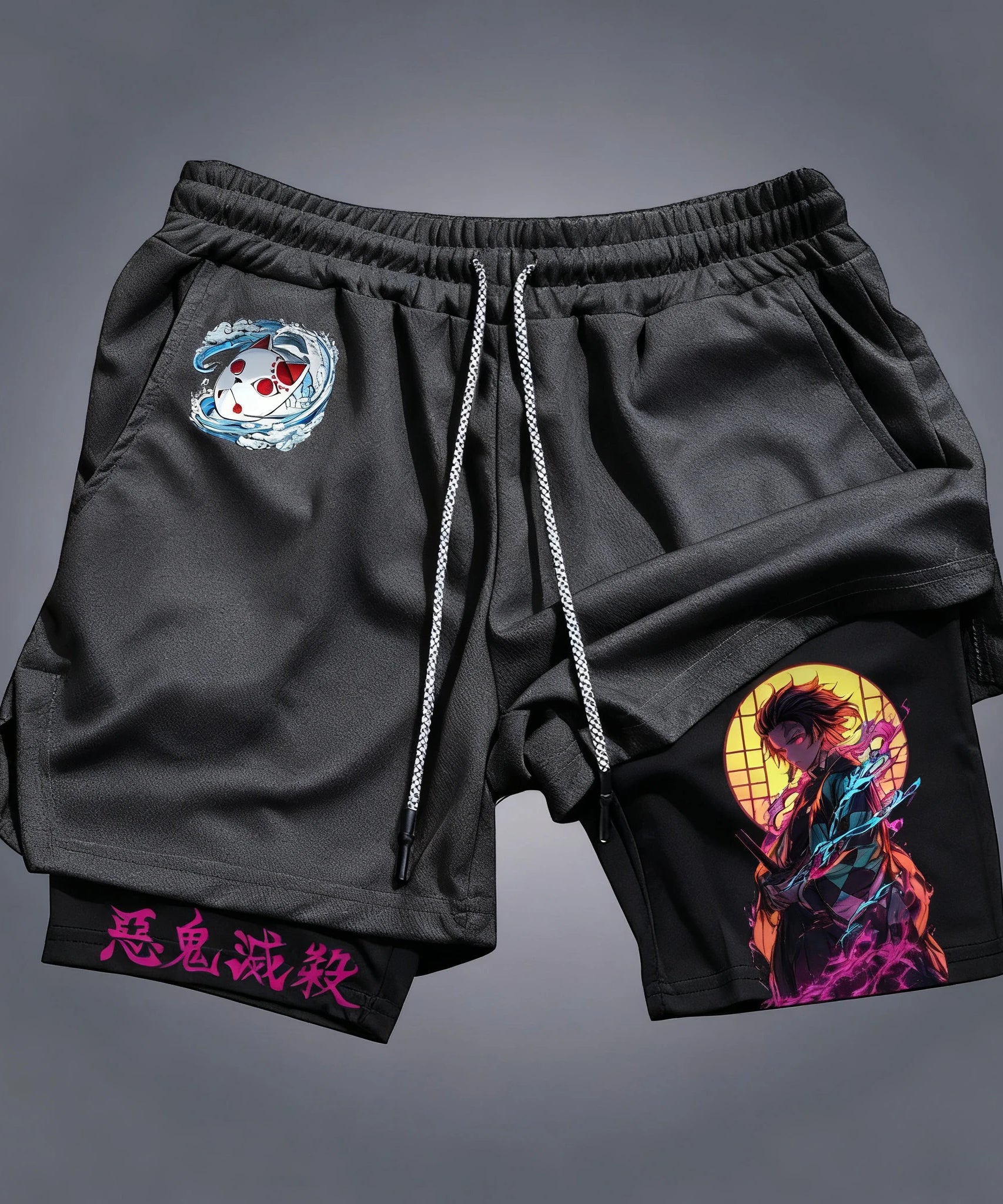 Demon Slayer Anime Tanjirou Printed 2-in-1 Sports Shorts Summer Men's New Trendy Fitness Quick Drying Y2K Double Layer Shorts