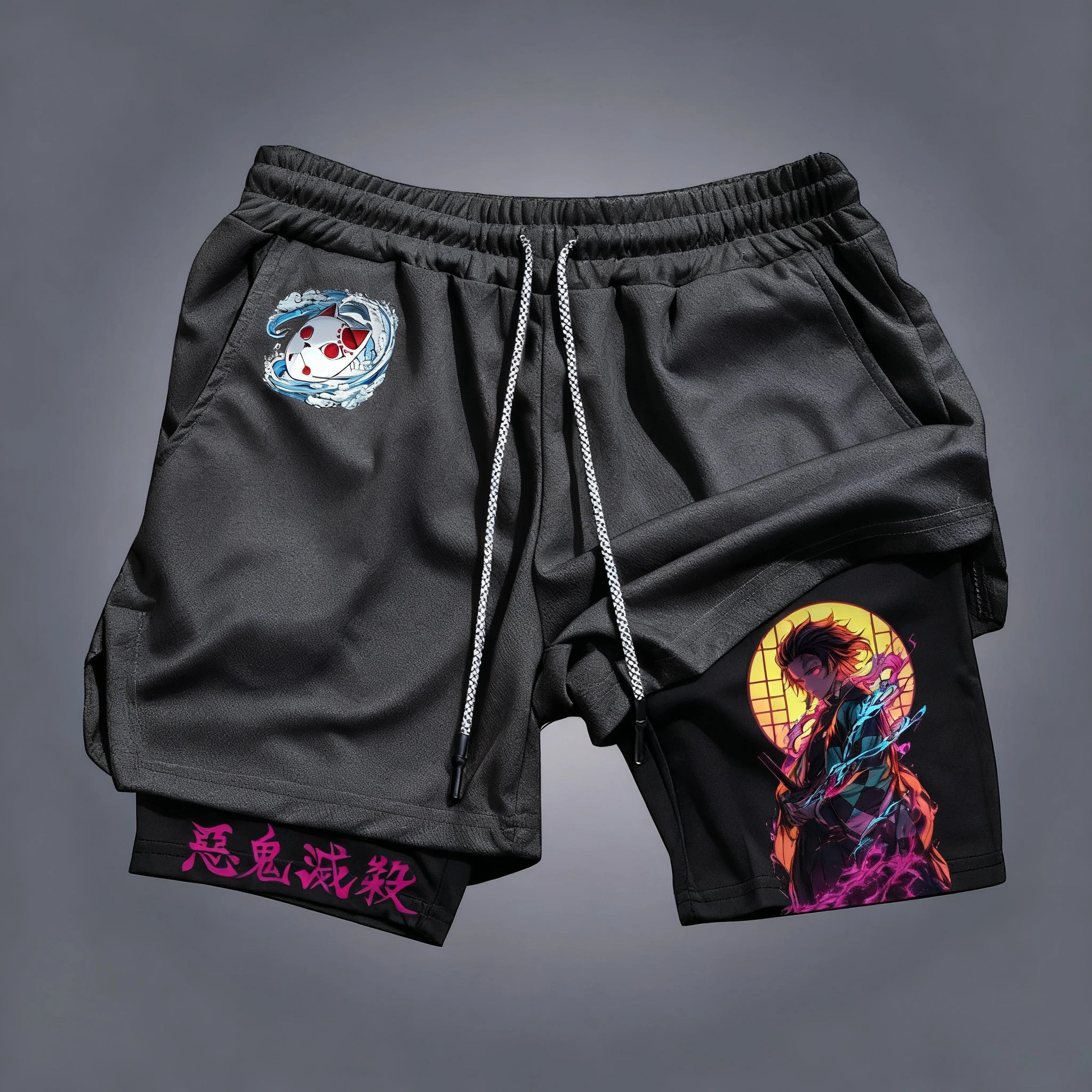Demon Slayer Anime Tanjirou Printed 2-in-1 Sports Shorts Summer Men's New Trendy Fitness Quick Drying Y2K Double Layer Shorts