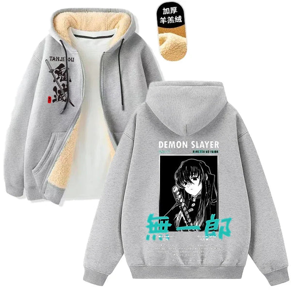 Demon Slayer Tanjiro & Giyu Tomioka Thick Winter Fleece Zip-Up Jacket