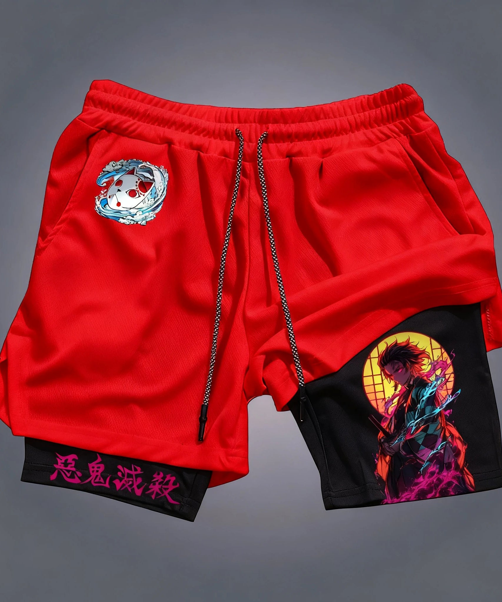 Demon Slayer Anime Tanjirou Printed 2-in-1 Sports Shorts Summer Men's New Trendy Fitness Quick Drying Y2K Double Layer Shorts