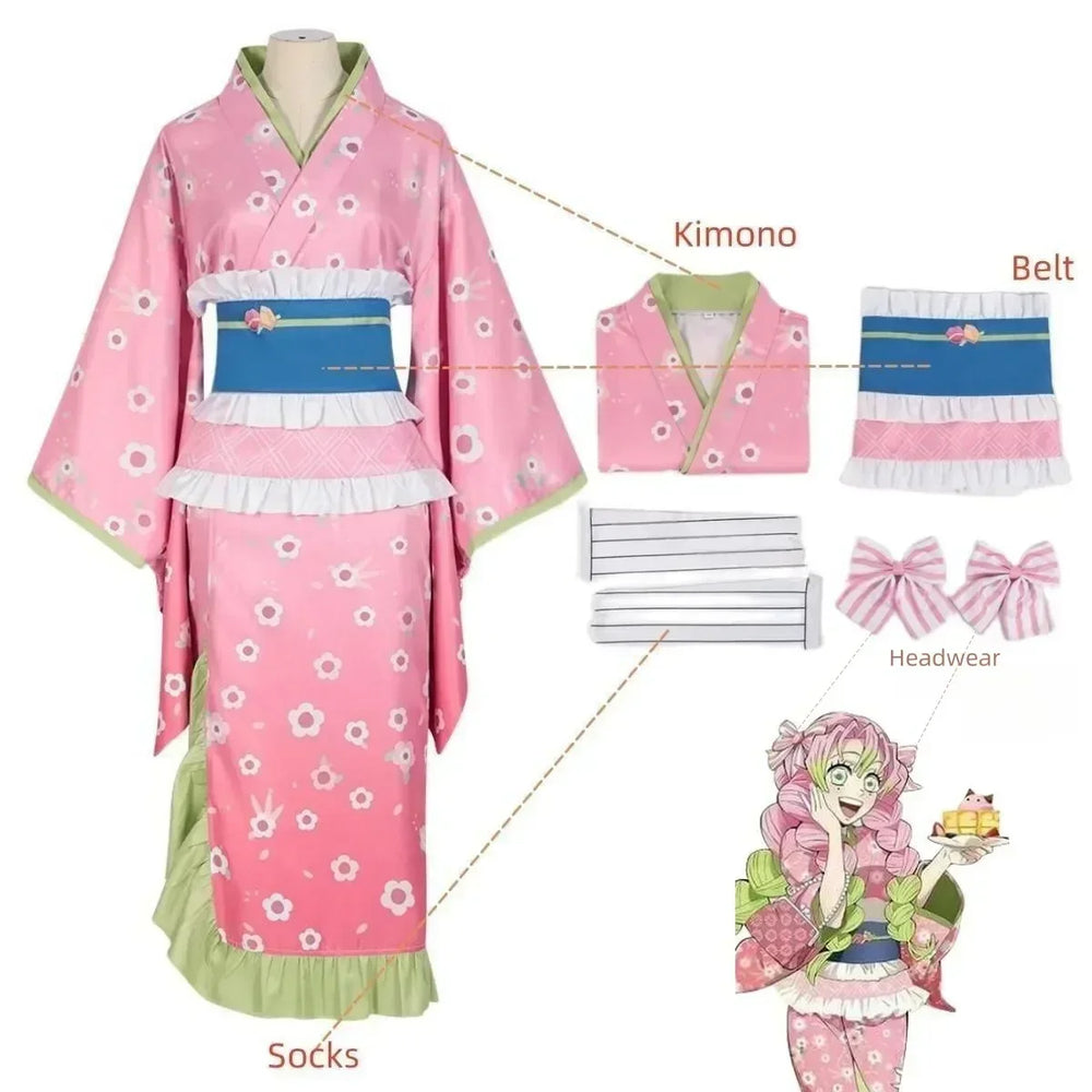 Anime Demon Slayer Mitsuri Kanroji Cosplay Costume – Pink Kimono & Wig Set 6