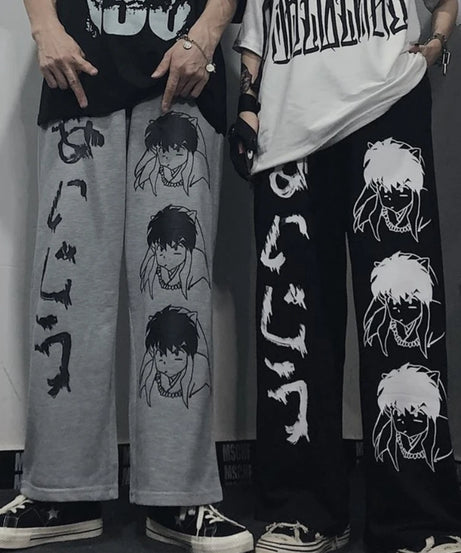 Harajuku Anime Print Wide Leg Pants Women Hippie Streetwear Black Sweatpants Korean Style Oversized Trousers