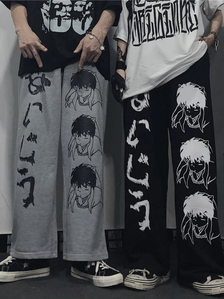 Harajuku Anime Print Wide Leg Pants Women Hippie Streetwear Black Sweatpants Korean Style Oversized Trousers
