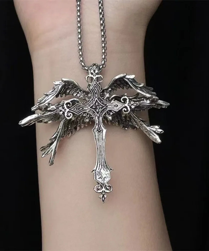 Retro Gothic Jesus Wings Cross Pendant Necklace Jewelry for Men Women Large Vintage Dark Punk Religious Amulet Necklaces Gifts