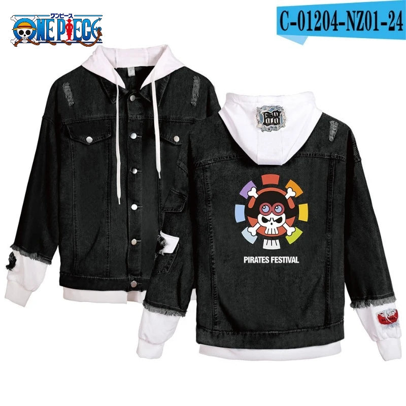 ONE PIECE Anime Chooper Denim Bomber Jacket Hooded Sweatshirt Unisex Ripped Hole Cosplay Hoodie Long-Sleeved Denim Jacket Gift