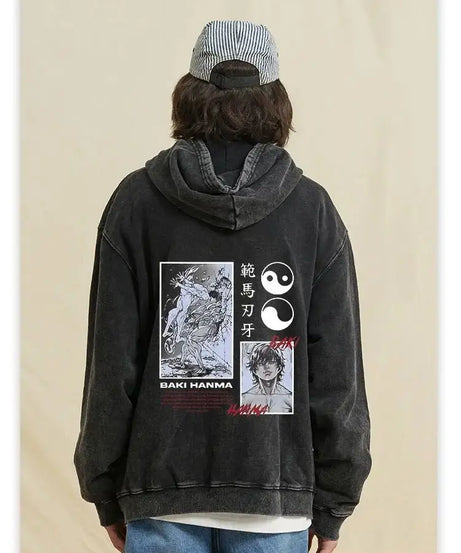 Anime Baki Hanma Print Cotton Washed Hoodies Men Hip Hop Graphic Vintage Hooded Sweatshirts Aesthetic Streetwear Pullover