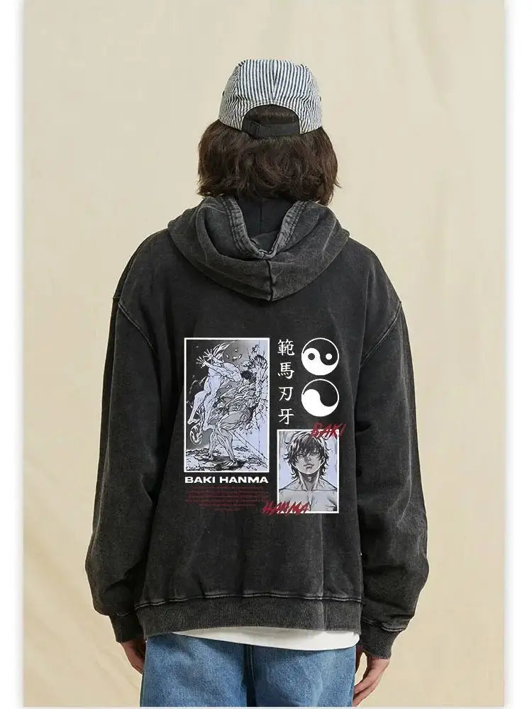 Anime Baki Hanma Print Cotton Washed Hoodies Men Hip Hop Graphic Vintage Hooded Sweatshirts Aesthetic Streetwear Pullover