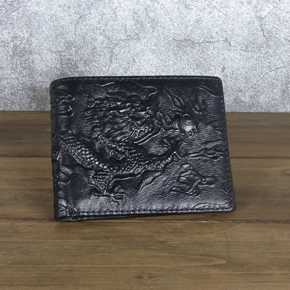 High Quality Genuine Leather Short Wallet 3D Dragon Style Card Wallet Vintage Bifold Small Purse for Man Male Gift Purses