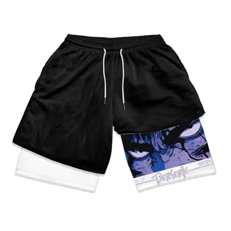 Anime-Inspired Double-Layered Sports Shorts – Breathable High-Waist Fit