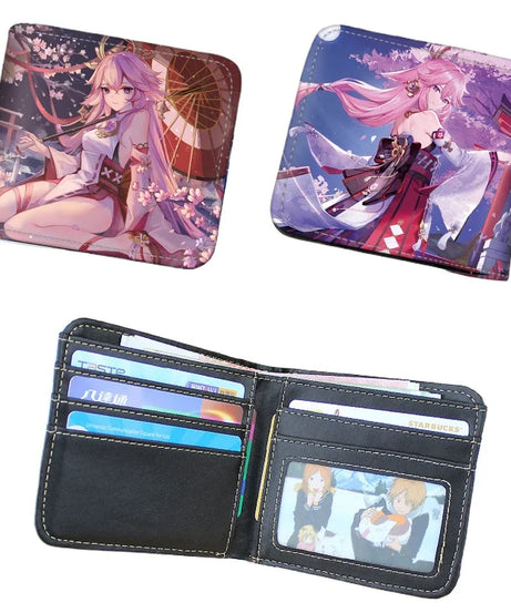 Genshin Impact Raiden Shogun Short PU Leather Wallet Cute Nahida Kamisato Ayaka Folding Purse