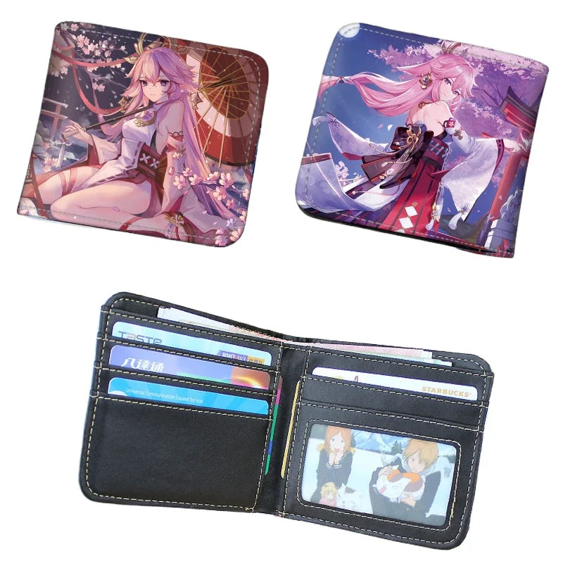 Genshin Impact Raiden Shogun Short PU Leather Wallet Cute Nahida Kamisato Ayaka Folding Purse