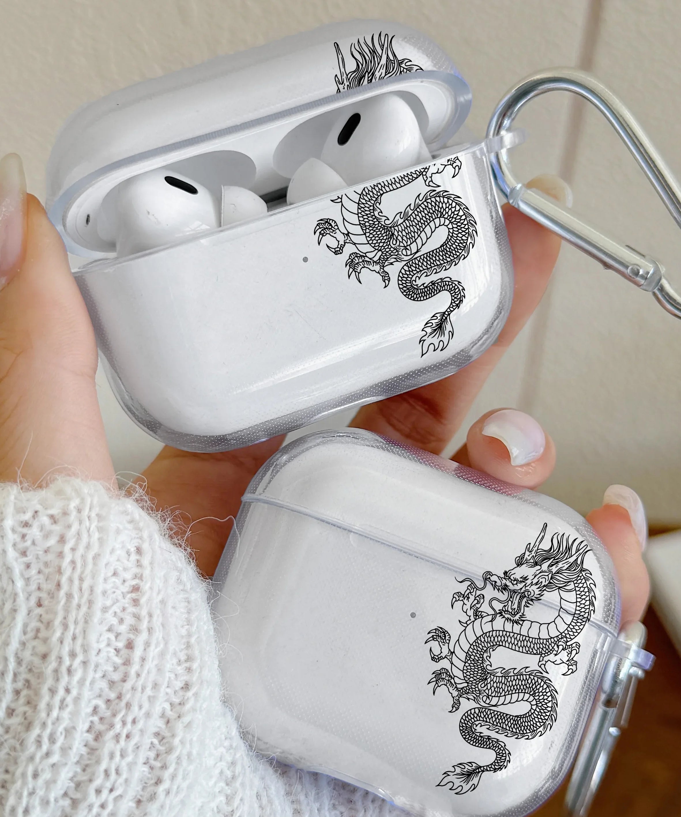 Dragon Design Earphone Case For AirPods Pro/Pro2 TPU Clear Wireless Bluetooth Cover For AirPods 3/4 Protector With Keychain Case