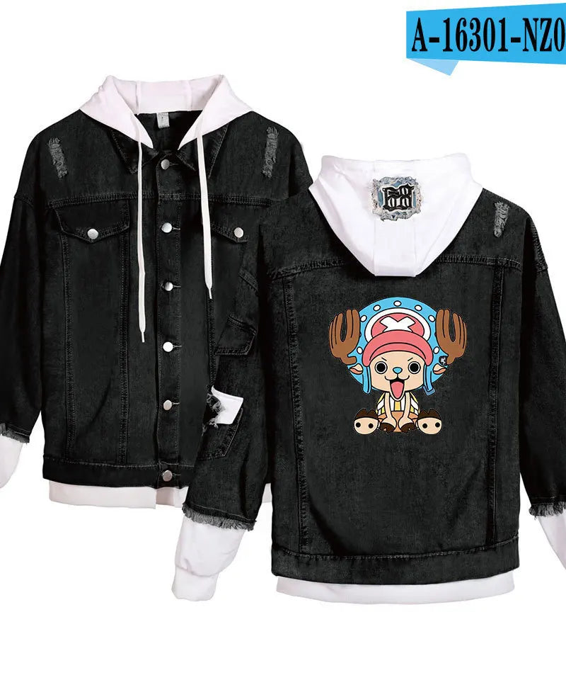 ONE PIECE Anime Chooper Denim Bomber Jacket Hooded Sweatshirt Unisex Ripped Hole Cosplay Hoodie Long-Sleeved Denim Jacket Gift