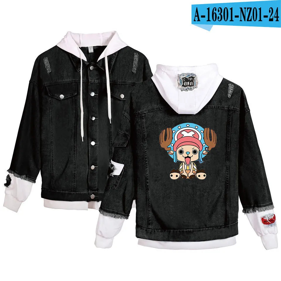 ONE PIECE Anime Chooper Denim Bomber Jacket Hooded Sweatshirt Unisex Ripped Hole Cosplay Hoodie Long-Sleeved Denim Jacket Gift