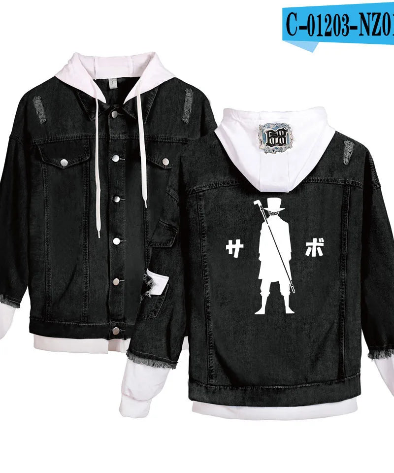 ONE PIECE Anime Chooper Denim Bomber Jacket Hooded Sweatshirt Unisex Ripped Hole Cosplay Hoodie Long-Sleeved Denim Jacket Gift