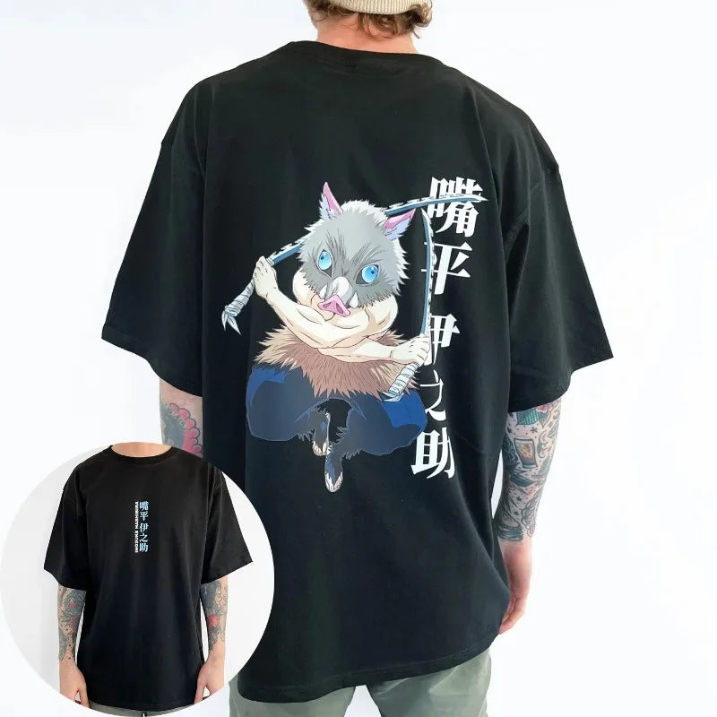 Demon Slayer Anime Hashibira Inosuke Printed T-Shirt Summer New Men's Japanese Harajuku Loose Casual Kids Parent-Child Top