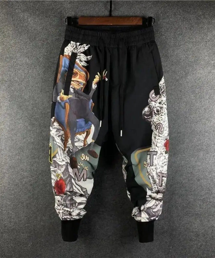Fashion Men Harem Joggers Patchwork Elastic Drawstring Street Hip Hop Pants Printed Japanese Streetwear Harajuku