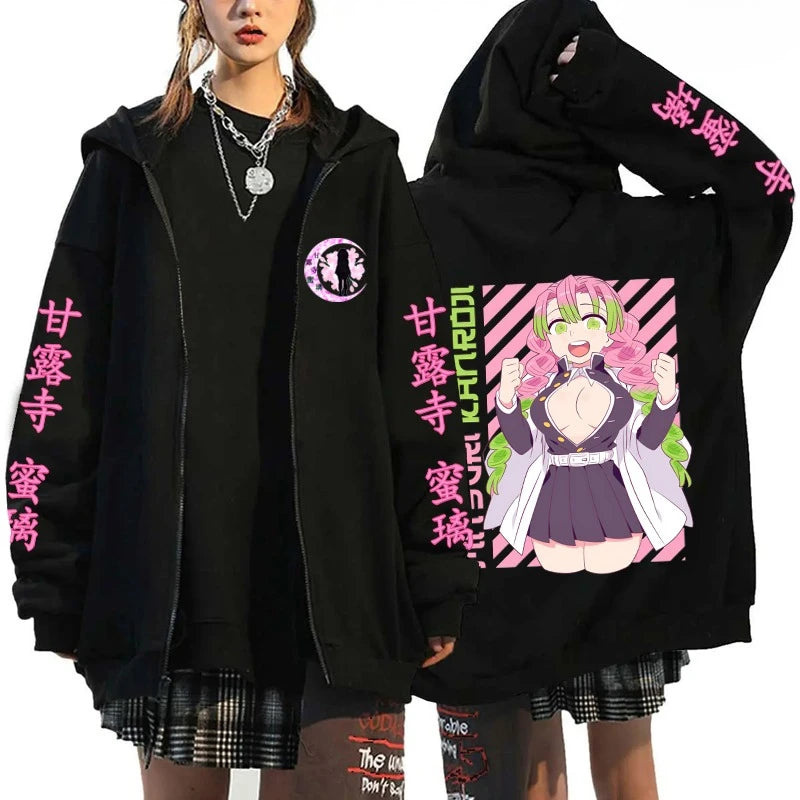Demon Slayer Mitsuri Kanroji Graphic Zip-Up Hoodie Harajuku Anime Streetwear 2